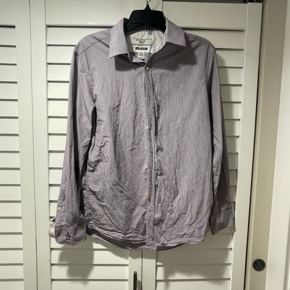 Original Penguin Heritage Slim Fit Dress Shirt Men's 15.5‎ 32/33 Purple Stripe
